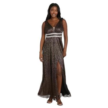 Imagem de R&M Richards Vestido maxi plissado feminino com decote em V ilusão, cintura embelezada e fenda frontal - vestido de festa e coquetel, Cobre, 46