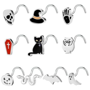 Imagem de BodyAce Anéis de nariz de 20 g para Dia das Bruxas, brincos de narina, aço inoxidável, piercing de nariz em forma de L, caveiras de morcego, abóboras, joias de Halloween, Aço inoxidável Zircônia