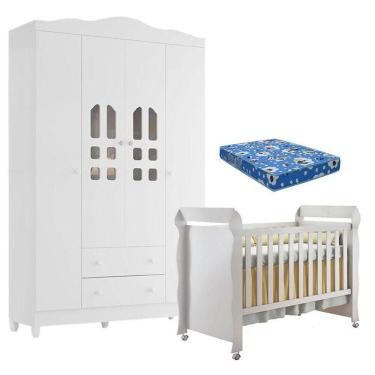 Imagem de Berço Americano Mirelle E Guarda Roupa New Selena 4 Portas Branco Brilho Colchão Móveis