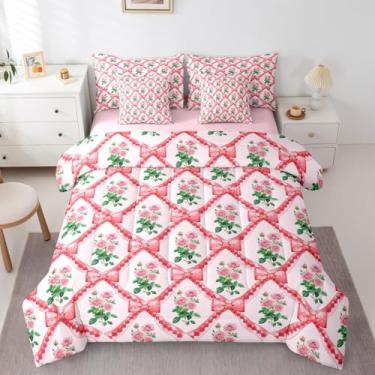Imagem de Erosebridal Conjunto de edredom casal rosado com 7 peças, cama com laço de flores em uma bolsa para quarto, jardim, laço floral rosa, fofo, feminino, conjunto de cama com edredom, lençóis, fronhas