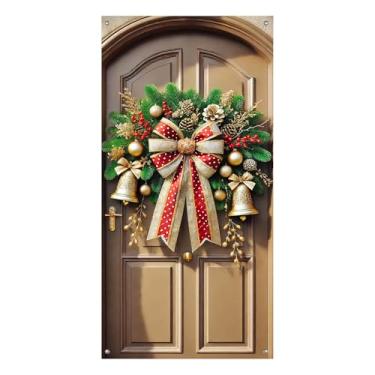 Imagem de BlissYard Elegante guirlanda de sinos de Natal, 89 x 189 cm, faixa decorativa de porta com fita de bolinhas vermelhas, sinos dourados, pinhas e ornamentos dourados para decoração de inverno