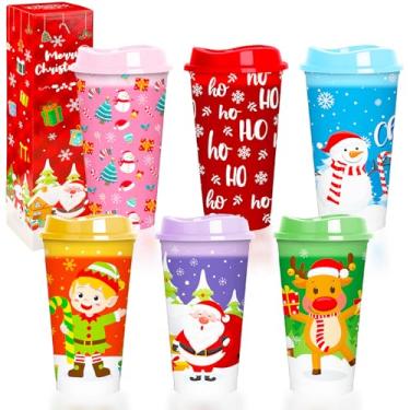 Imagem de Jansun 6 peças de copos quentes de mudança de cor de Natal com tampas 473 ml Copos de café de plástico reutilizáveis para decorações de festa, copos de Natal de inverno para festas de aniversário
