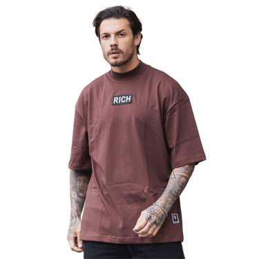 Imagem de Camiseta Oversized Gola Alta Borracha Black White Streetwear Confortavel Masculina Marrom-Masculino