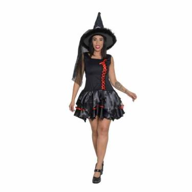 Imagem de Fantasia Bruxinha Feiticeira Vestido Halloween Adulto Festa Dia das Br