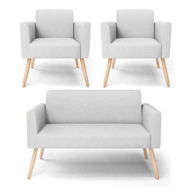 Imagem de Sofá Namoradeira Com 2 Poltronas Pés Palito Natural Marisa Linho D03 - D\&#039rossi Cor A05 Cinza