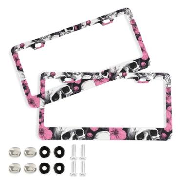 Imagem de SEHANY Molduras de placa de carro vintage rosa crânio, capas de alumínio à prova de ferrugem com furos elípticos e parafusos serve para veículos padrão dos EUA tamanho acessórios de carro para