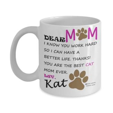 Imagem de Caneca de café Dear Cat Mom, nota de agradecimento sincera para uma mamãe gato trabalhando duro para dar a sua gatinha uma vida melhor. Ideia engraçada para o dia das mães, aniversário, dia dos