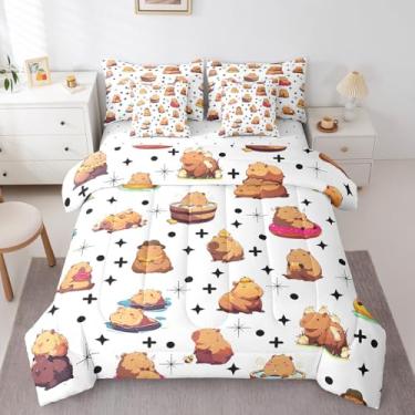 Imagem de Erosebridal Jogo de cama infantil solteiro, animais roedores fofos, capivara Kawaii (edredom + lençol de cima + 2 fronhas + 2 fronhas + 2 capas de travesseiro) 7 peças