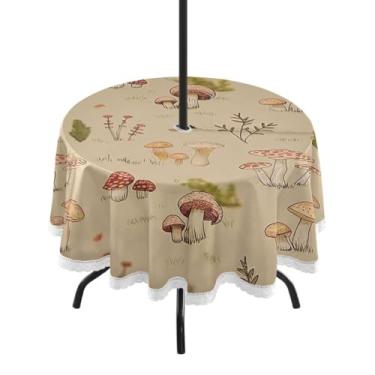 Imagem de Qilmy Mushroom Toalha de mesa redonda impermeável de 152 cm com orifício para guarda-chuva e zíper – Uso externo / interno resistente para pátio, churrascos, piqueniques, festas (serve para mesas