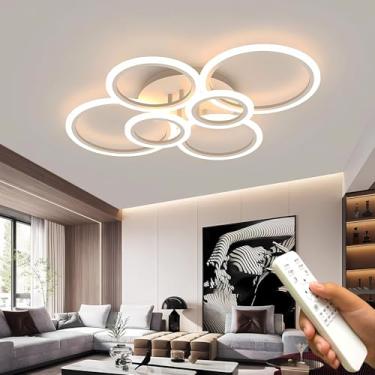 Imagem de Luminária de teto LED moderna para sala de estar, dimerizável de 3000 a 6000K, branca, com 6 anéis, 72W e 6400LM, lustre embutido com controle remoto, iluminação de teto para quarto e sala d