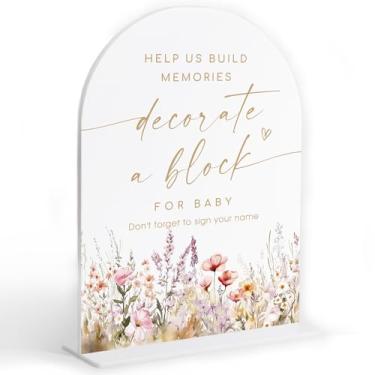 Imagem de Placa de chá de bebê Boho floral decorada com bloco, decoração de mesa de festa reveladora de gênero, placa de acrílico em arco com base para chá de bebê, centros de mesa, suprimentos de lembrancinhas