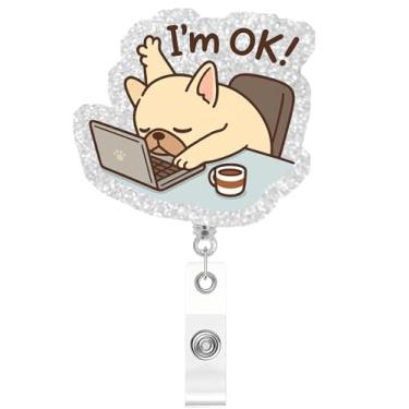Imagem de Carretel retrátil para crachá I'm OK, clipe de identificação com glitter engraçado presente para enfermeira, médico, trabalhador de escritório, professor, amante de animais, jardim de infância, clipe