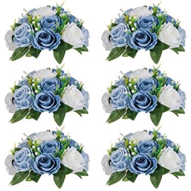 Imagem de NUPTIO Centros de mesa florais de casamento: 6 peças de bola de flores falsas azul e branco empoeirado para festa de casamento - arranjos de rosas artificiais para decorações de chá de panela de