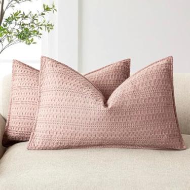 Imagem de Foindtower Conjunto de 2 fronhas decorativas de algodão Waffle Weave lombar capas de almofada europeias para cama, sofá, quarto, sala de estar, decoração de casa, 30 × 50 cm, rosa empoeirado