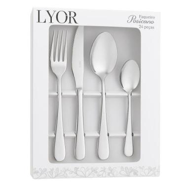 Imagem de Faqueiro Aço Inox Dourado Prata 24 Peças Lyor Luxo Positano, Prata
