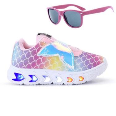 Imagem de Kit Tenis De Led Feminino Sereia Glitter Refletivo + Oculos - Light, R