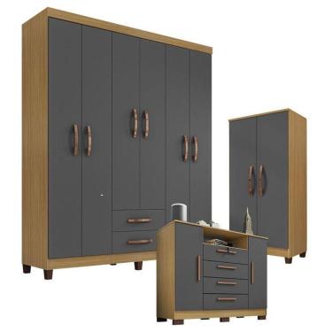 Imagem de Guarda Roupa Casal Modena Com Cômoda Madri E Armário Multiuso Recife Carvalho Americano Grafite – Incorplac
