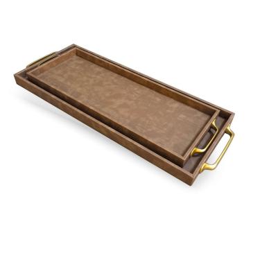 Imagem de Kit 02 Bandejas Decorativas em Couro Sintético Marrom com Alças Douradas TH0165 BTC