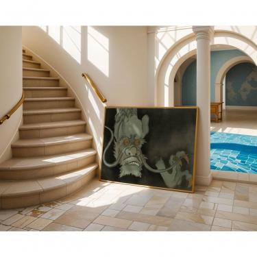 Imagem de Quadro Decorativo a Canção do Dragão Celestial Retangular 60X90 em Vinil com Moldura de Madeira Amadeirado