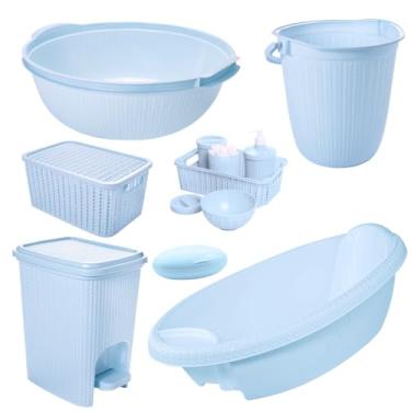 Imagem de Kit 7 Peças Banheira Bebê Trama Plasútil Bacia Balde Lixeira Kit Higiene Infantil (Azul)