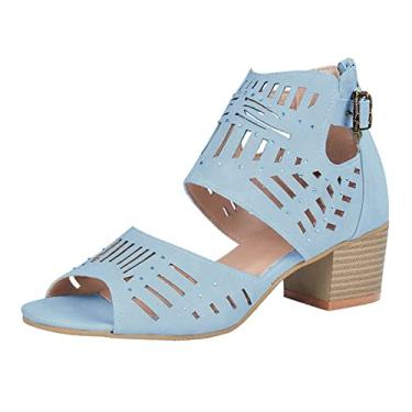 Imagem de Sandálias de peixe com fivela aberta boca grossa moda sapatos femininos salto dedo do pé sandálias femininas verão tamanho 7, Azul, 7