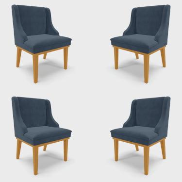 Imagem de Kit 4 Cadeiras Decorativas Sala de Jantar Base Fixa de Madeira Firenze Suede Azul Marinho/Castanho G19 - Gran Belo