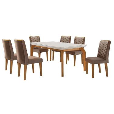Imagem de conjunto de mesa de jantar retangular com tampo de vidro off white e 6 cadeiras turquesa veludo marrom e imbuia
