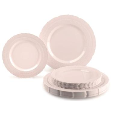 Imagem de "Ocasiões" Pacote com 50 pratos (25 convidados) - Pratos de plástico descartáveis / reutilizáveis para casamento vintage extra pesado - jantar de 63 x 28 cm + salada/sobremesa de 64 x 21 cm (Chateau