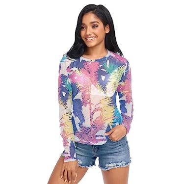 Imagem de Camisetas femininas transparentes com palmeiras coloridas e árvores tropicais, camisas de malha de manga comprida, Palmeira tropical colorida, P