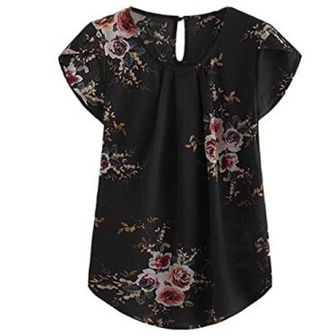 Imagem de Camiseta feminina de chiffon com gola canoa, manga curta, corte floral, medieval, rodada, blusa feminina 2024, D-768 Preto, XG