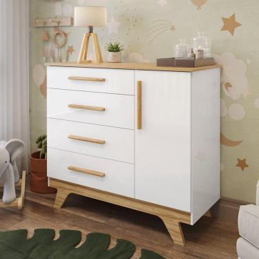 Imagem de Cômoda Infantil 1 Porta 4 Gavetas 100% Mdf Kakau Retrô Branco Brilho/Amêndoa