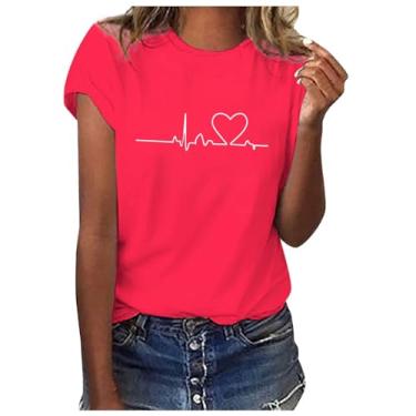 Imagem de Camisetas femininas de verão modernas de gola redonda e manga curta plus size para sair camiseta casual Y2K confortável túnica blusa, 011 Vermelho, M