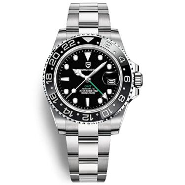 Imagem de Pagani Design PD-1662 GMT Relógio masculino de 40 mm, movimento mecânico automático, data analógica, vidro de safira sintético luminoso, aço inoxidável, 100 m, resistente à água, 3, preto, Lazer, moda, viagens. Piloto, mergulho, mergulhador, esportes, negócios, presente de dia dos namorados presente