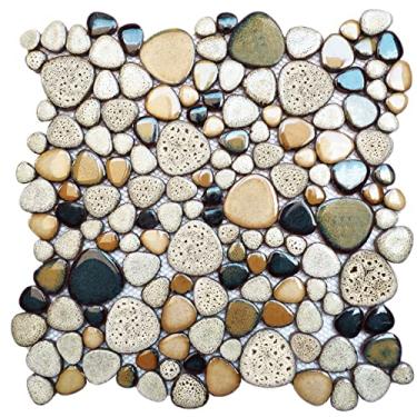 Imagem de Parrotile Leopardo aleatório seixo azulejo de cerâmica cores de areia caramelo 30 cm x 30 cm folha de mosaico para parede de destaque Backsplash piso de chuveiro PT87 (caixa com 5 folhas)