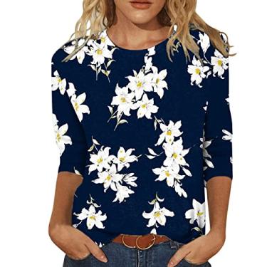 Imagem de Camisetas femininas com manga 3/4 de comprimento e gola redonda e estampa floral, Ofertas relâmpago azul escuro, XXG