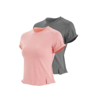 Imagem de MEALMATO Camiseta feminina de verão de manga curta 2024 casual com punhos enrolados camisetas básicas justas para bebês, A cinza + rosa, 12-14