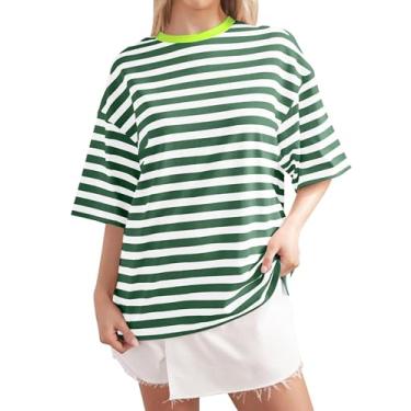 Imagem de ACCPUR Camisetas femininas grandes listradas de manga curta Color Block gola redonda básica casual verão, Verde, branco, P