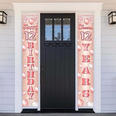 Imagem de Happy 12th Birthday Rose Gold Banner Pano de fundo Cheers to 12 Years Old Confetti Balloons Theme Decor for Girls 12 Years Old Pink Birthday Party Decorações Bday Supplies Gift Background Favors