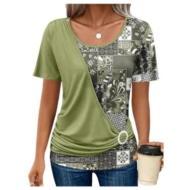 Imagem de Floerns Camisetas femininas de verão com estampa floral, manga curta, patchwork e gola redonda, Verde, GG