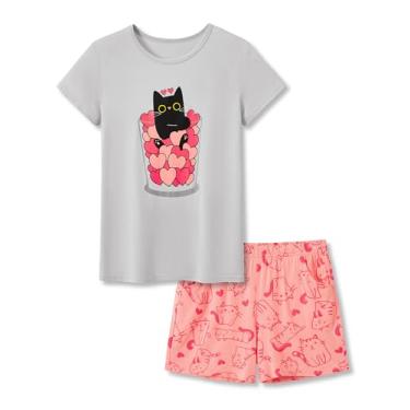 Imagem de Tebbis Lindo pijama de gato para meninas, camiseta e shorts de fibra modal, conjunto de pijama tamanho 6-18, Gato cinza e coral (conjunto curto), 10