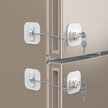 Imagem de Trava de geladeira branca, pacote com 2 fechaduras de geladeira com 4 chaves, travas de geladeira para crianças, trava de freezer e gaveta, sem necessidade de ferramentas ou perfuração, travas de