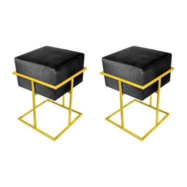 Imagem de Kit 2 Puffs Decorativos Quadrado Base De Ferro Dourada Tecido Veludo Preto