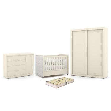 Imagem de Dormitório Tutto New 2 Portas, Cômoda 1 Porta e Berço com Capitonê e Colchão Supreme - Matic Móveis