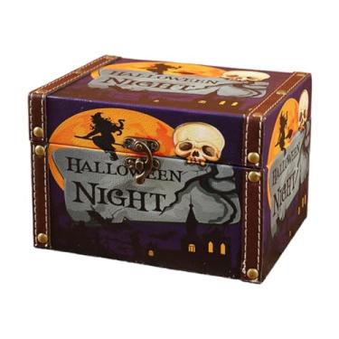 Imagem de Wswqop Caixa de Armazenamento de Bugigangas de Halloween, Suporte para Presentes, Caixa Decorativa de Couro PU com Tampas, Estojo de Doces, de Brinquedos, Esqueleto de Bruxa