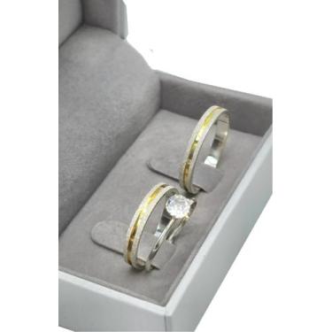 Imagem de Aliança Namoro Compromisso Prata 950 Filete+ Anel Solitário - DR Joias