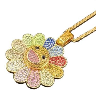 Imagem de Colar Smiley Face Girassol MurKami,Colar Colorido Pétala Smiley Face Hip Hop,Pingente Giratório