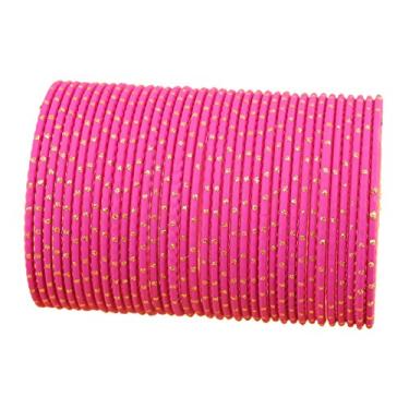 Imagem de Touchstone Nova coleção de braceletes coloridos. Pulseira indiana de liga de Bollywood com aparência charmosa de metal, cor rosa fúcsia esmaltada dourada para realçar o pulso. Conjunto de 36 para mulheres. 2.8 rosa