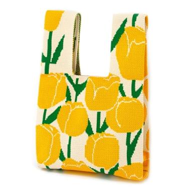 Imagem de Bolsa de pulso feminina estética de crochê bolsa de mão bolsa de mão pequena bolsa de ombro de tecido manga bolsa de nó, Flor amarela, One Size