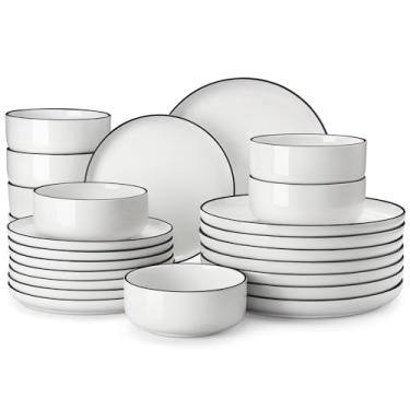 Imagem de MALACASA Conjunto de pratos e tigelas, conjunto de 24 peças de louça de porcelana moderno para 8 utensílios de jantar de cozinha branca com borda preta, louças de cerâmica para micro-ondas e
