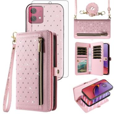 Imagem de Asuwish Capa de celular para Motorola Moto G84 5G carteira com zíper destacável capa magnética com protetor de tela de vidro temperado alça transversal Bling Glitter Flip suporte para cartão de